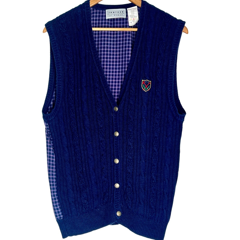 Vtg Jantzen Woman Navy Blue Cable Knit Plaid Back Crest Sweater Vest Plus 1X
